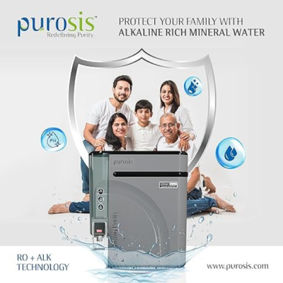 PUROSIS Reverse Osmosis (RO) + Alkaline (ALK) Hi-Tech Silver Plastic (9 LTR) Water Purifier, Water Purification, Suitable For Borewell, Tanker, Munici